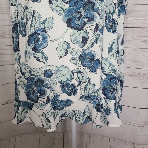 LOFT Blue Floral Tie Back Neck Layer Ruffle Bottom Sleeveless Blouse - Picture 8 of 12